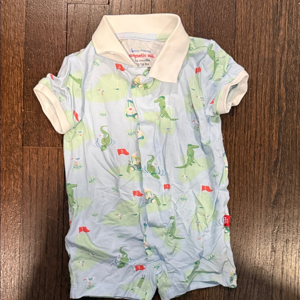 Magnetic Me Kids Polo with Dinosaur Print - Light Blue and Cream